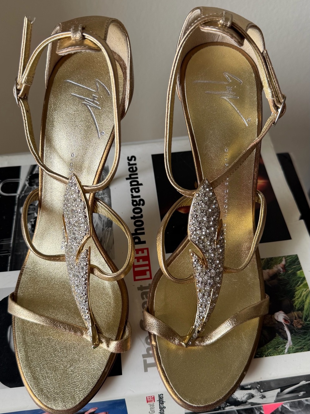 Giuseppe Zanotti Crystal Feather Metallic Gold Sandals Heels Size 37,5